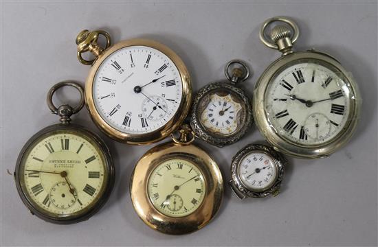 Two silver pocket/fob watches, a silver wrist watch, two gold plated Waltham pocket watches and one other pocket watch.